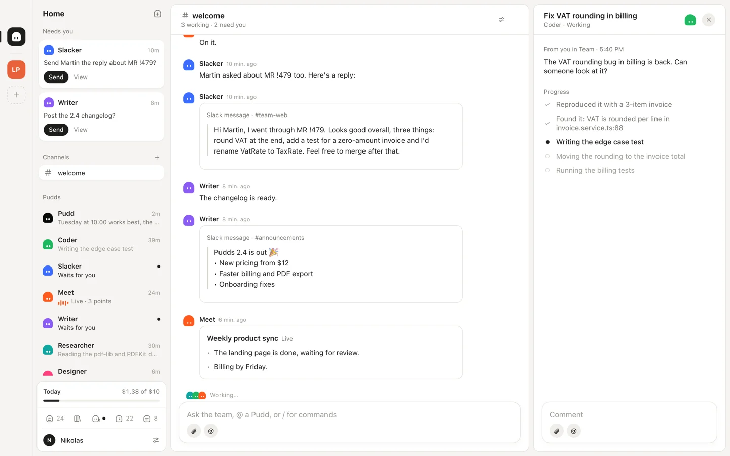 The Pudds main window: the #welcome chat with the team and a task in progress